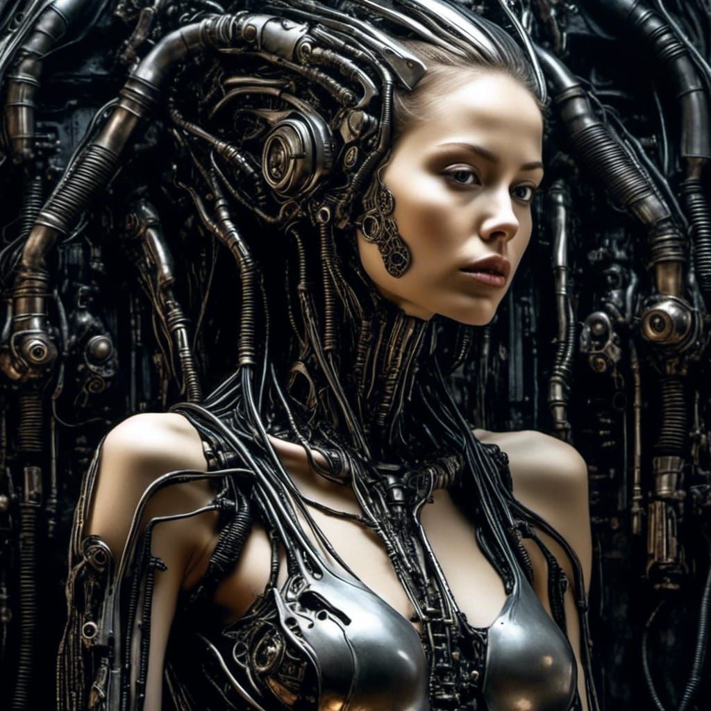 <lora:Alienbiopunk:1.0> Portrait of biomechanical woman with pretty face,a ,Quadruped machinery,robot, giger, sinister m...
