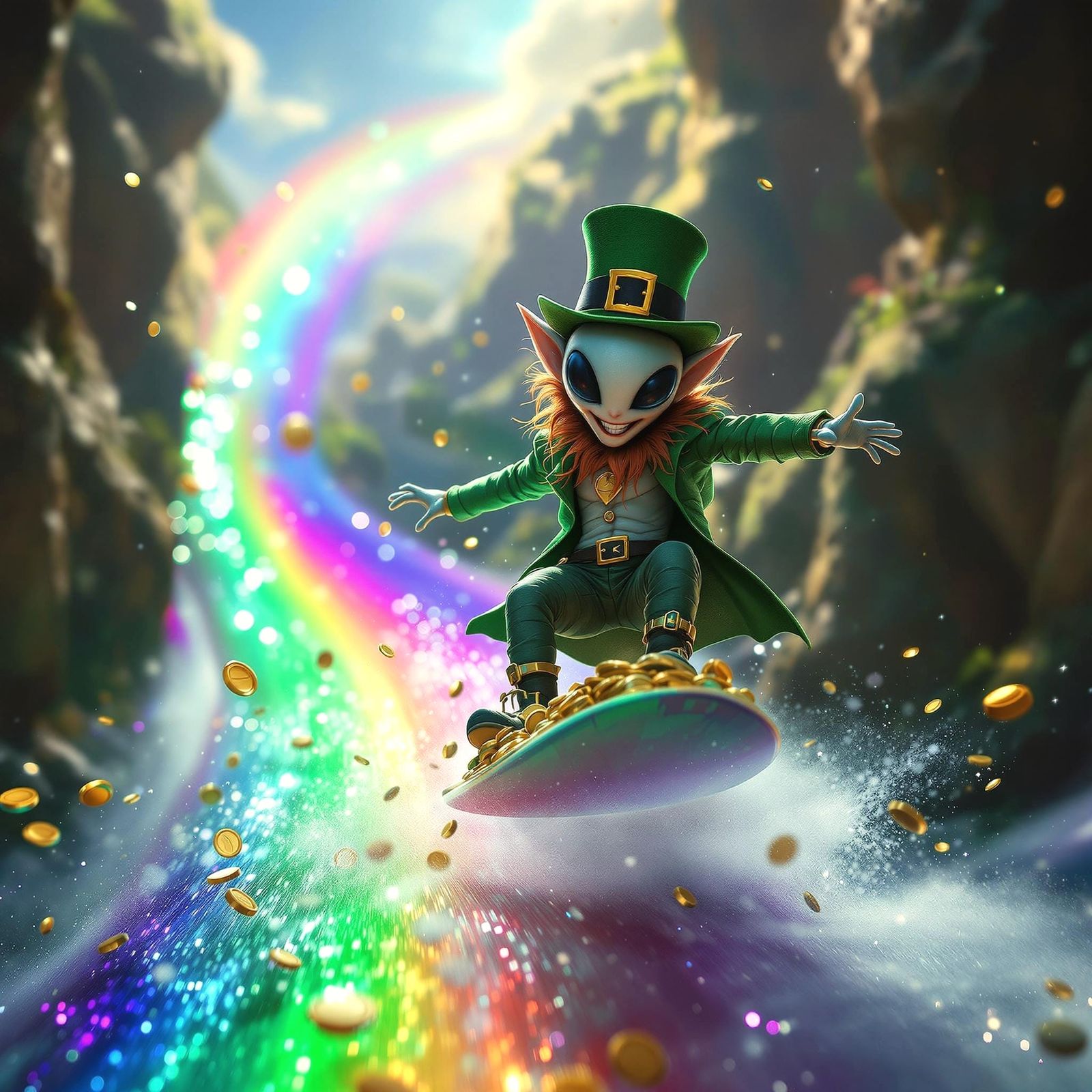 Alien Leprechaun Surfs Rainbow with Gold Coins in Hand
