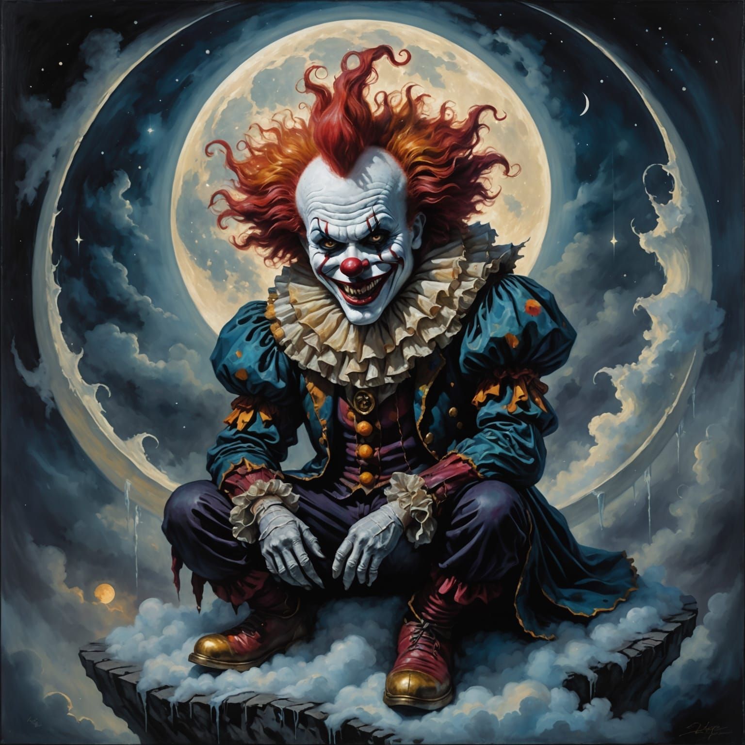 Sinister Clown on Crescent Moon in Dark Fantasy Oil Painting