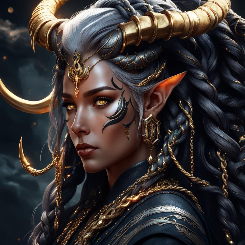Elegant Tiefling Woman with Braided Silver Hair