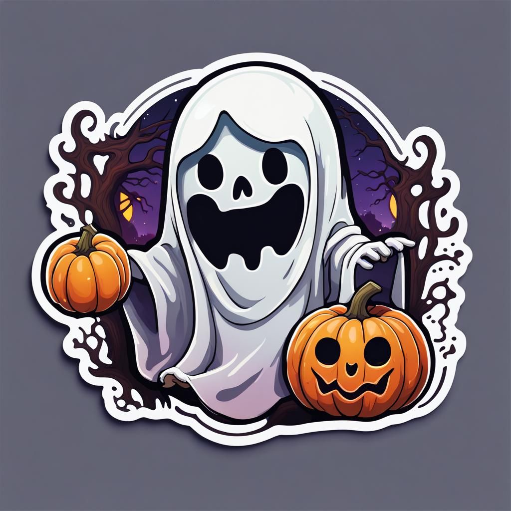 Kawaii Ghost Holding Pumpkin Sticker