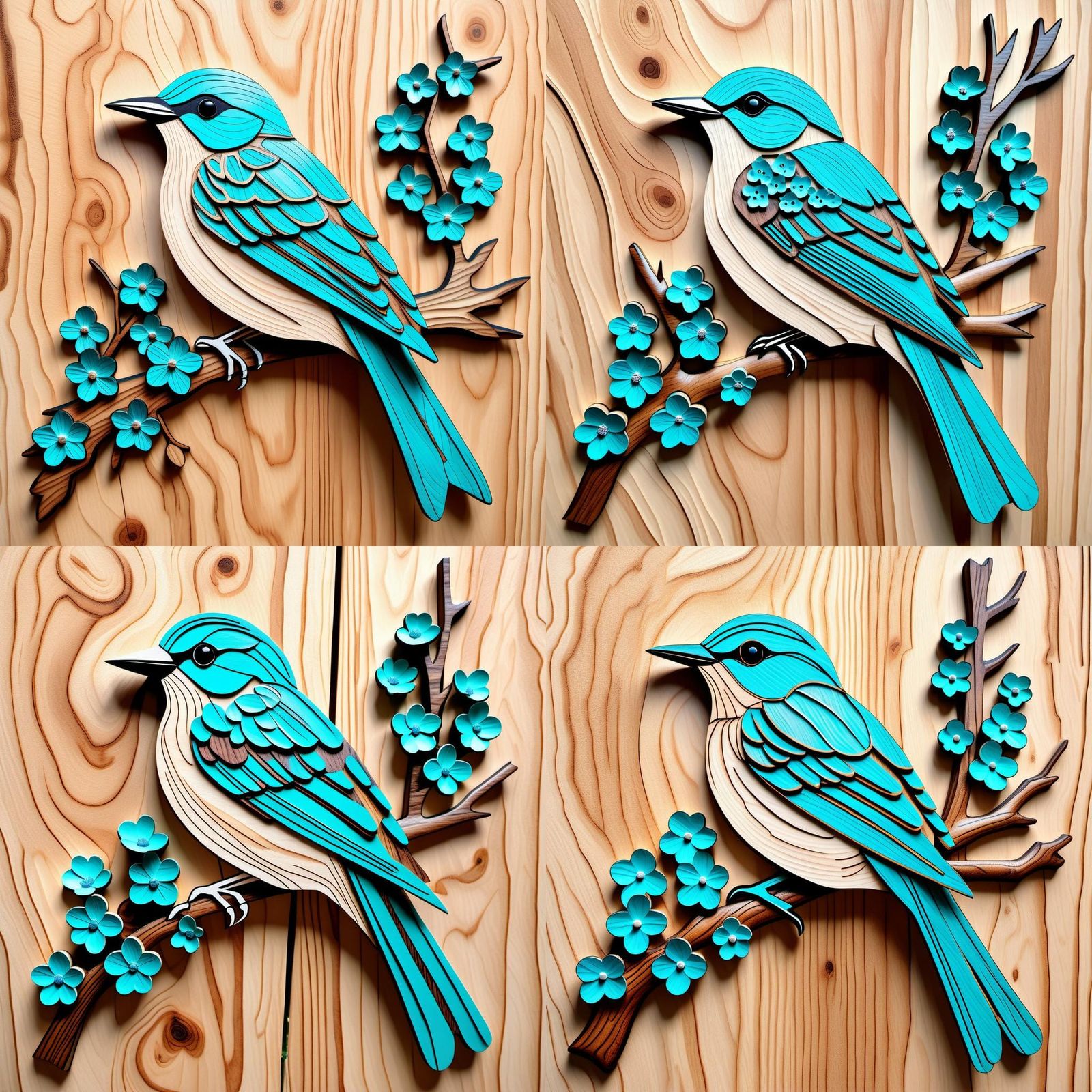 Hyperrealistic Wooden Bird with Turquoise Flowers