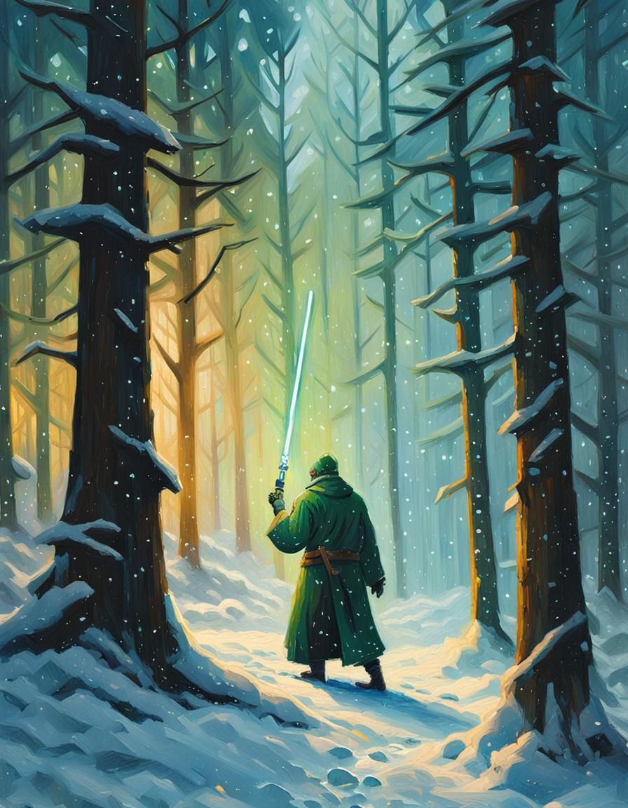 Smuggler with Lightsaber in Snowy Forest, Gouache Style