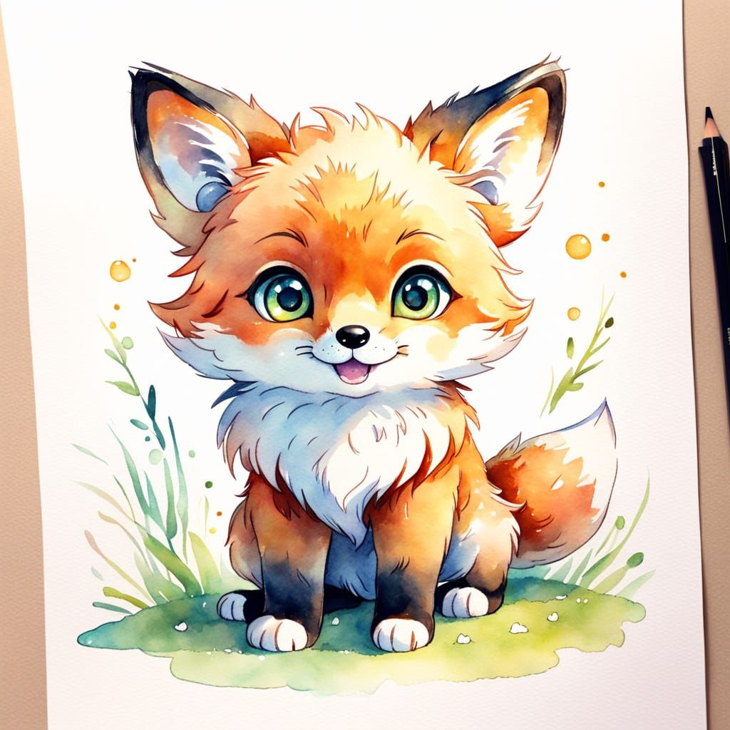 Cute Fox Cub in Kawaii Watercolor Style