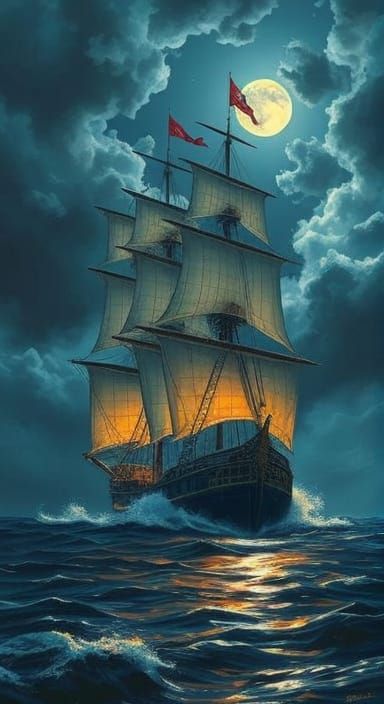 Moonlit Storm-Tossed Pirate Galleon