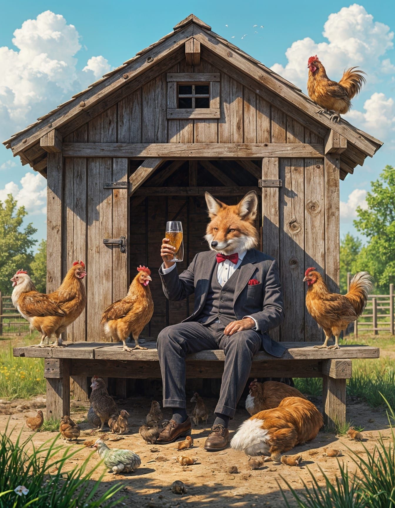 Hyperrealistic Fox Cuddles Roosters in Chicken Coop