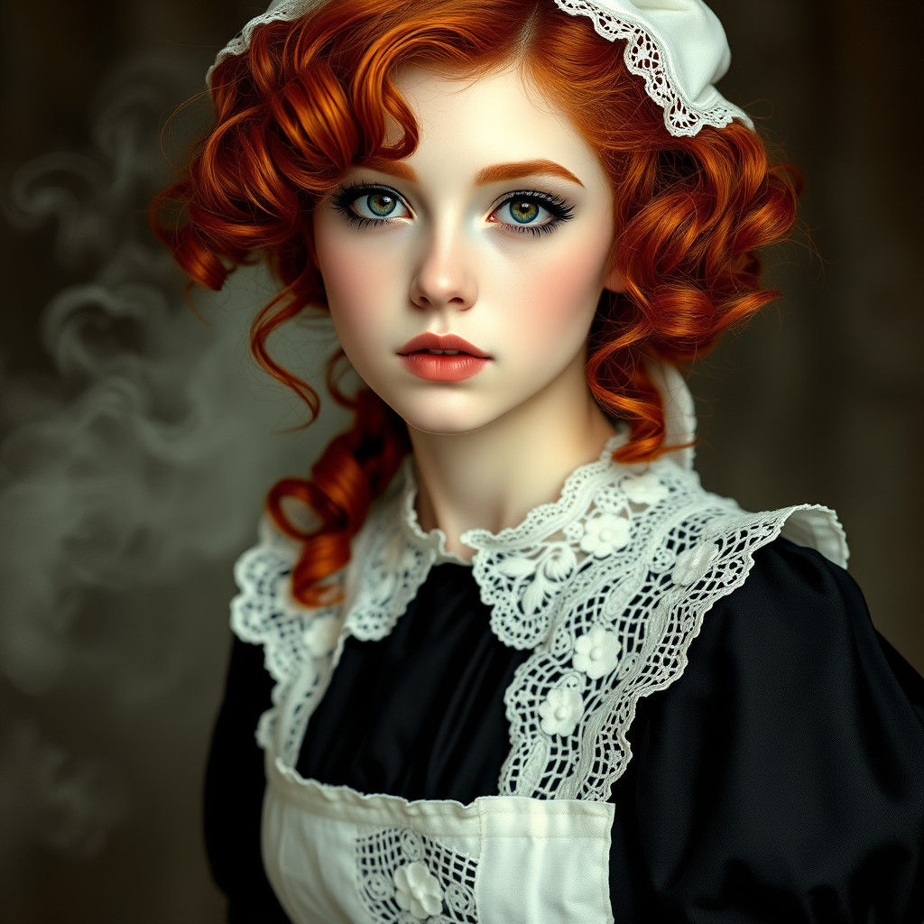 Ethereal Maid with Red Hair in Dreamlike Mist