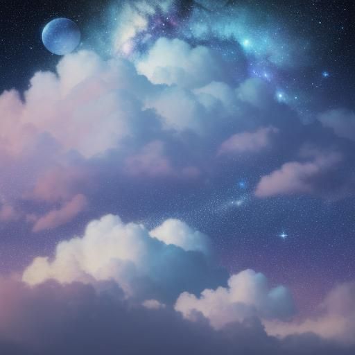 Dreamscape: Peaceful Figure Among Stars and Clouds