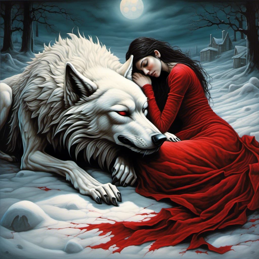Woman Hugging Wolf in Gothic Oil Painting