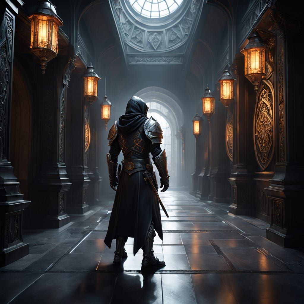 Warforged Rogue Pursued by King's Guards in a Haunting Grand...