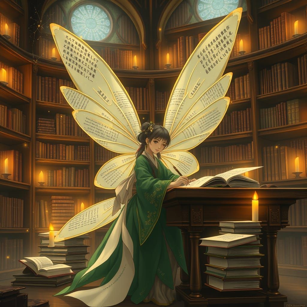 Fairy Scholar in a Magical Library, Ghibli Style