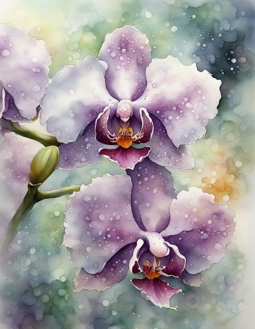 Ethereal Orchid Macro Closeup in Watercolour and Ink