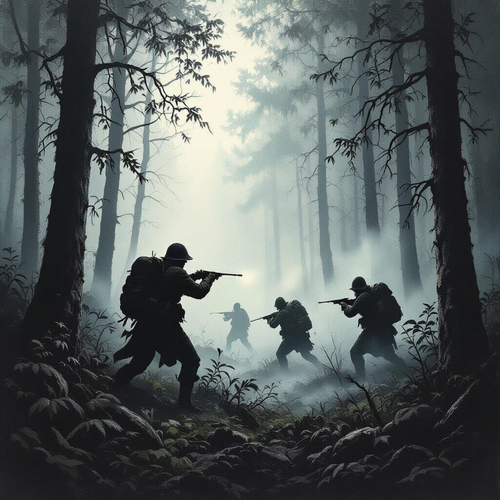 Soldiers Battle in Dark Forest, Horror Illustration Style