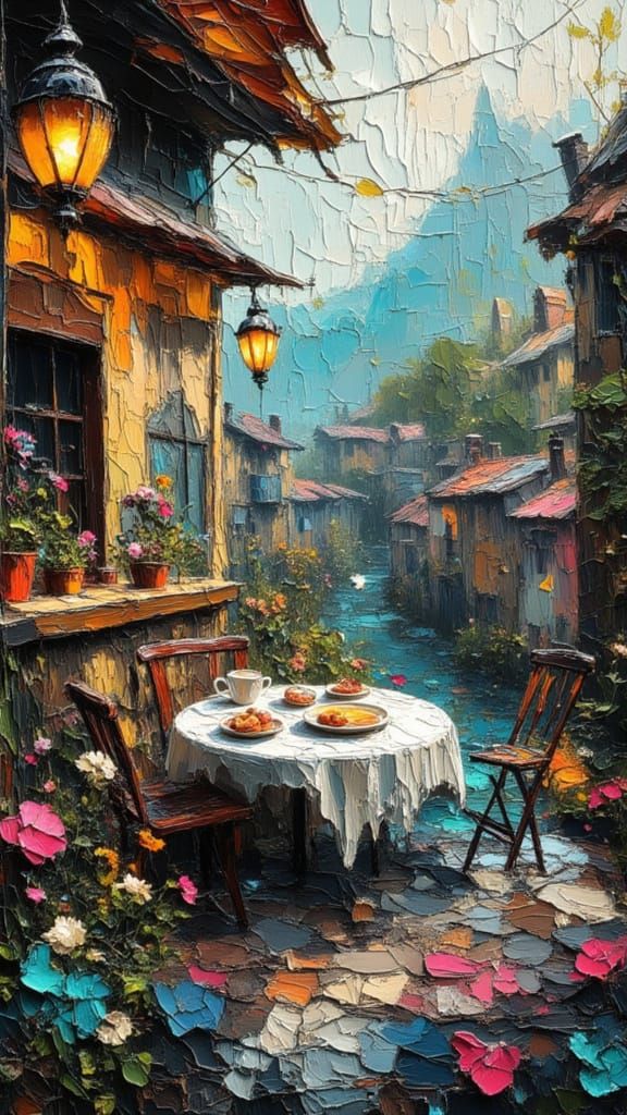 Impasto Impressionist Cafe Scene in French Countryside