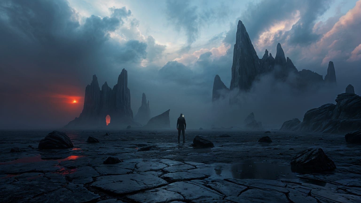 A Traveler Watches Over Twisted Alien Landscape