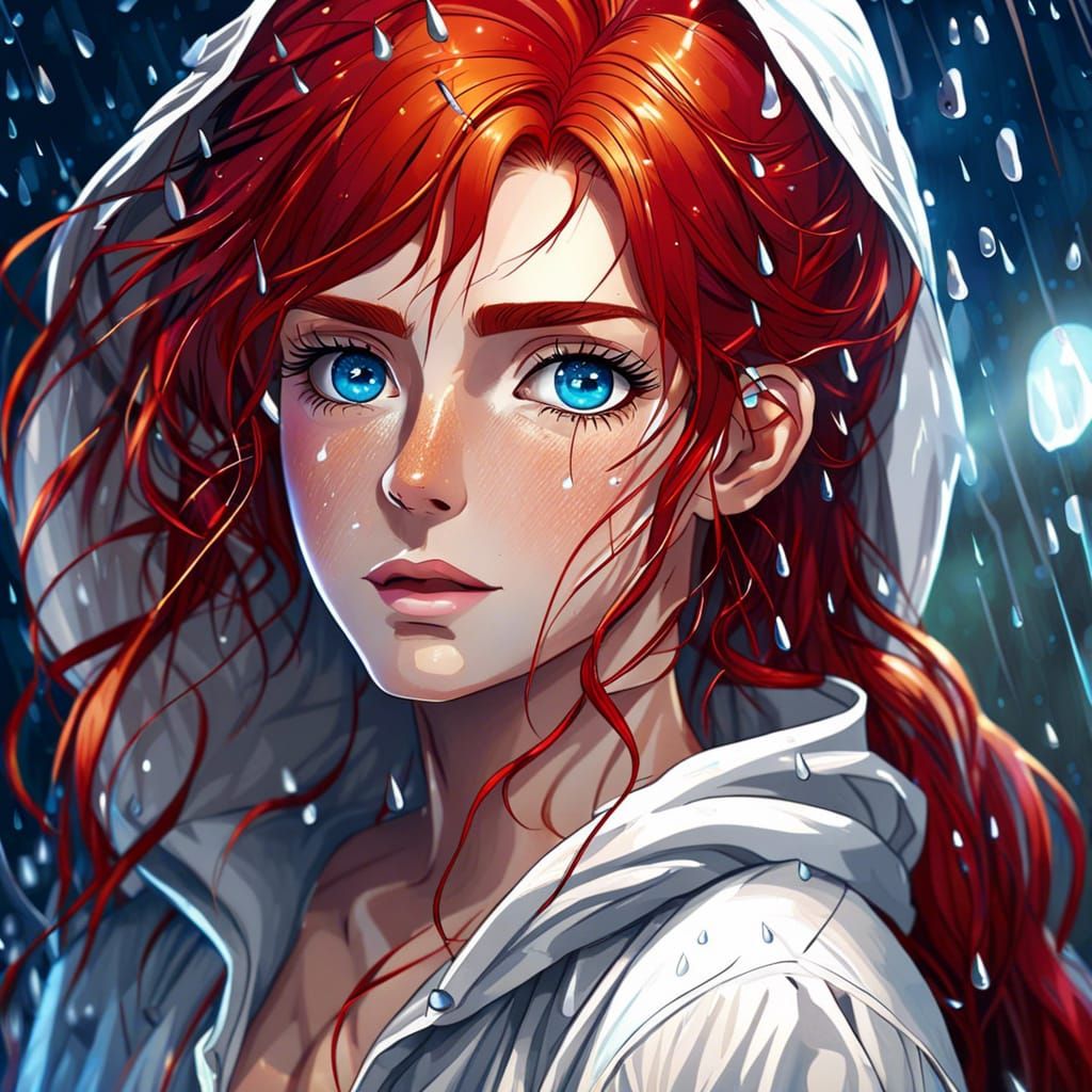 Anime Woman with Red Hair in Rain