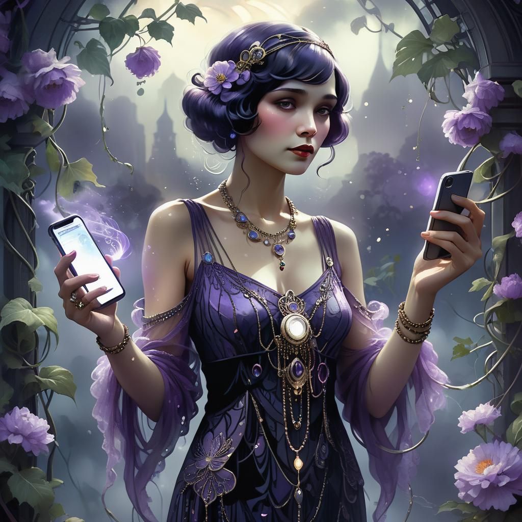 Mystical Flapper with iPhone: Dark Fantasy Art