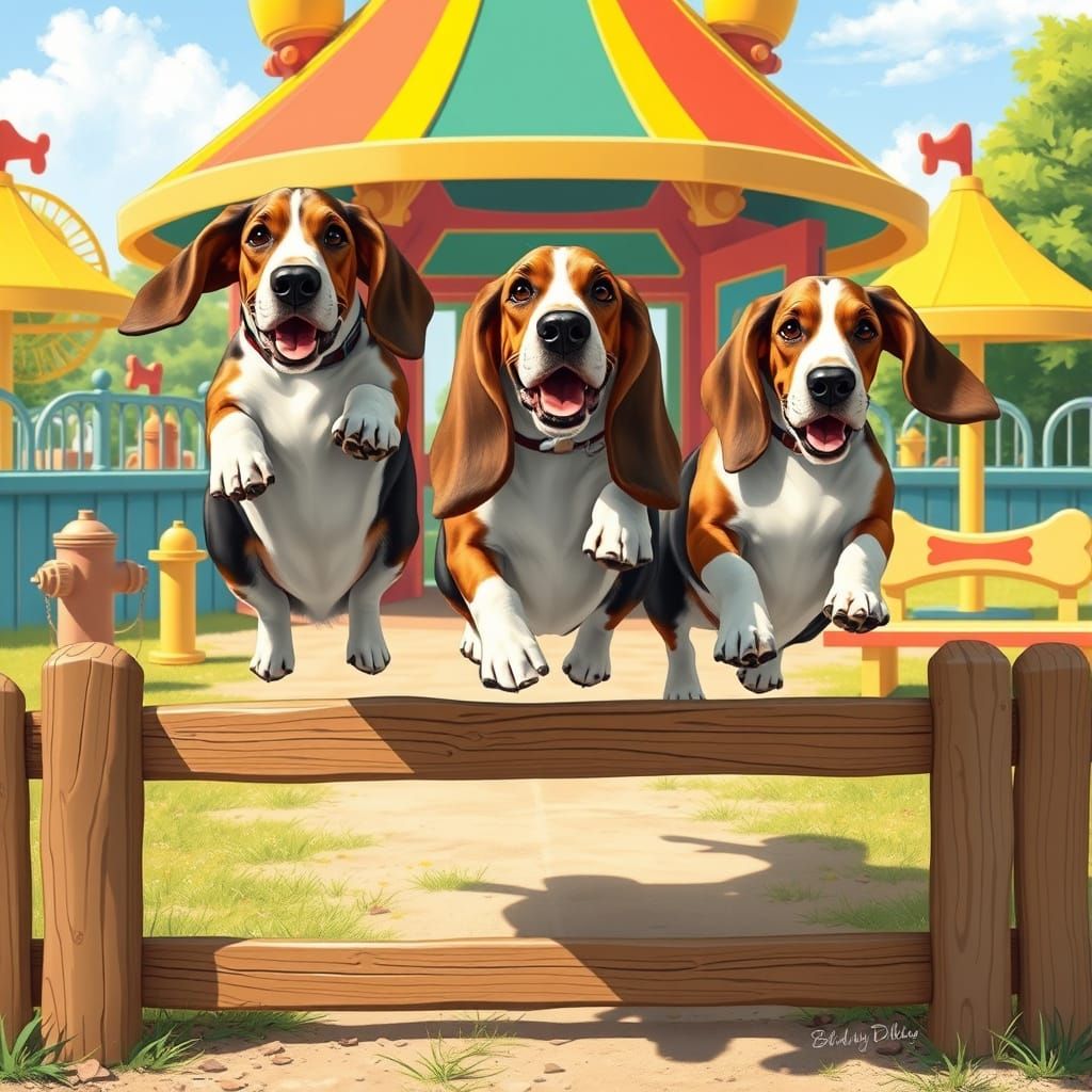 Basset Hounds Leap Fence at Whimsical Dog Park