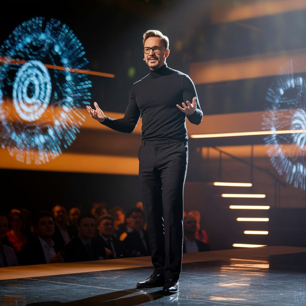 Tony Stark (Iron Man) as a charismatic tech billionaire givi...