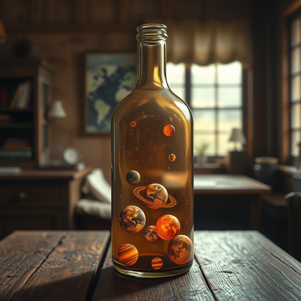 Planets in Glass Bottle: Hyperrealistic Digital Art