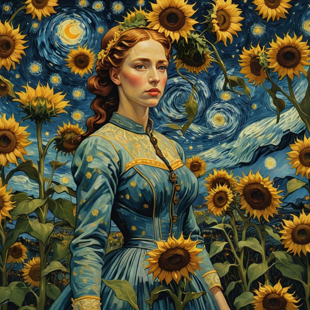Centauress in Sunflower Field: Post-Impressionist Style