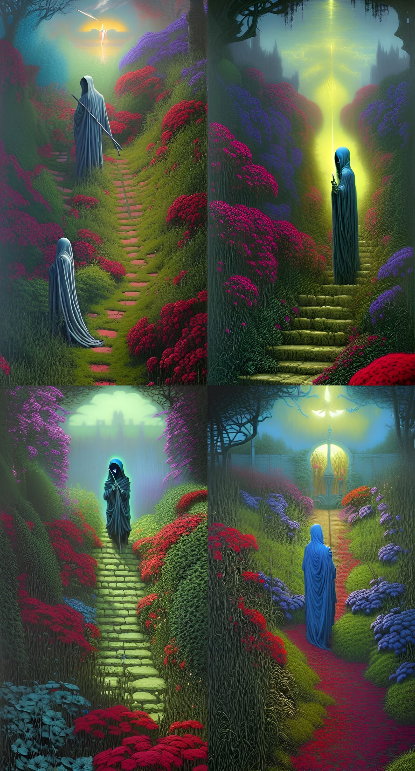 Grim Reaper in Vibrant Garden, Dark Fantasy Art