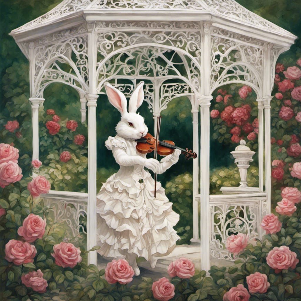 Rabbit Violinist in Rose Garden Gazebo