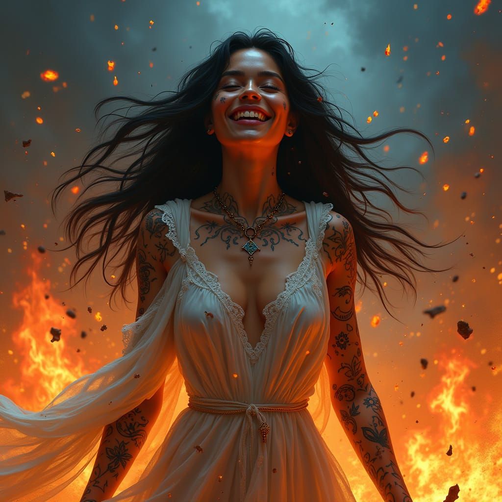 Fearless Goddess Ignites Inferno with Radiant Smile