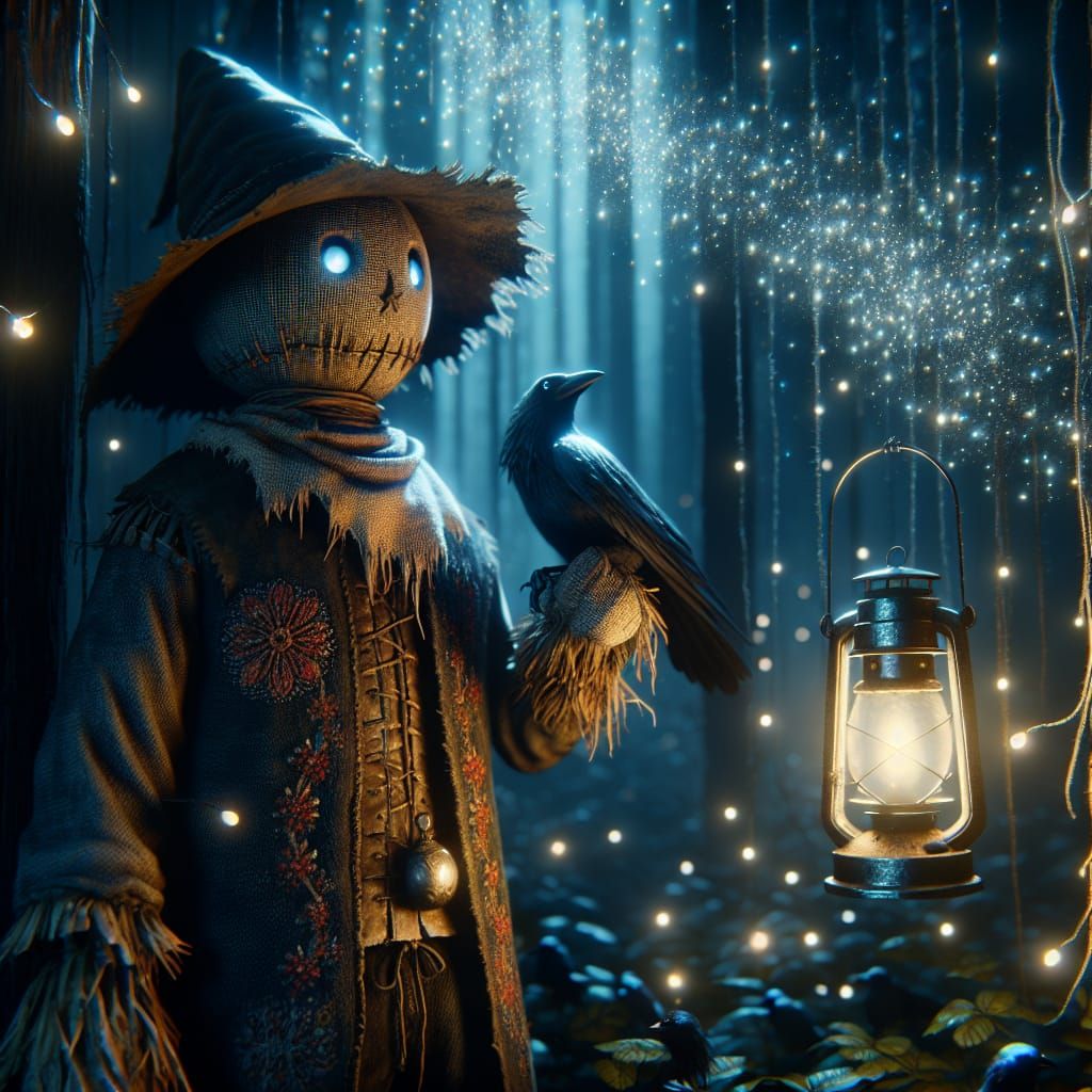 Anthropomorphic Scarecrow with Fairy Lantern in Dark Forest