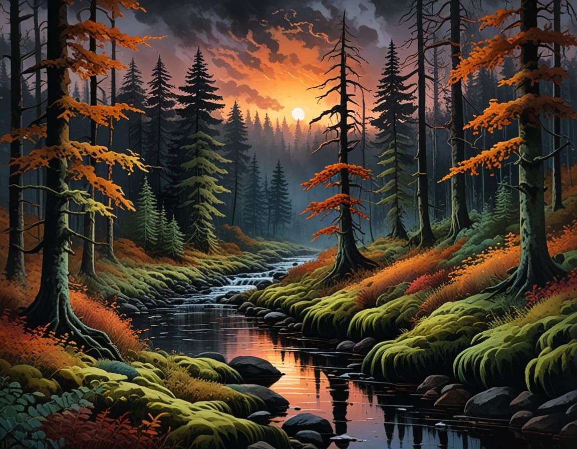 Autumn Forest River in Gouache Watercolor Style