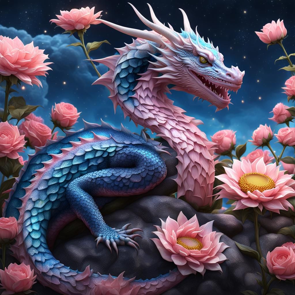 Elegant Pink and Blue Water Dragon in Stained Glass