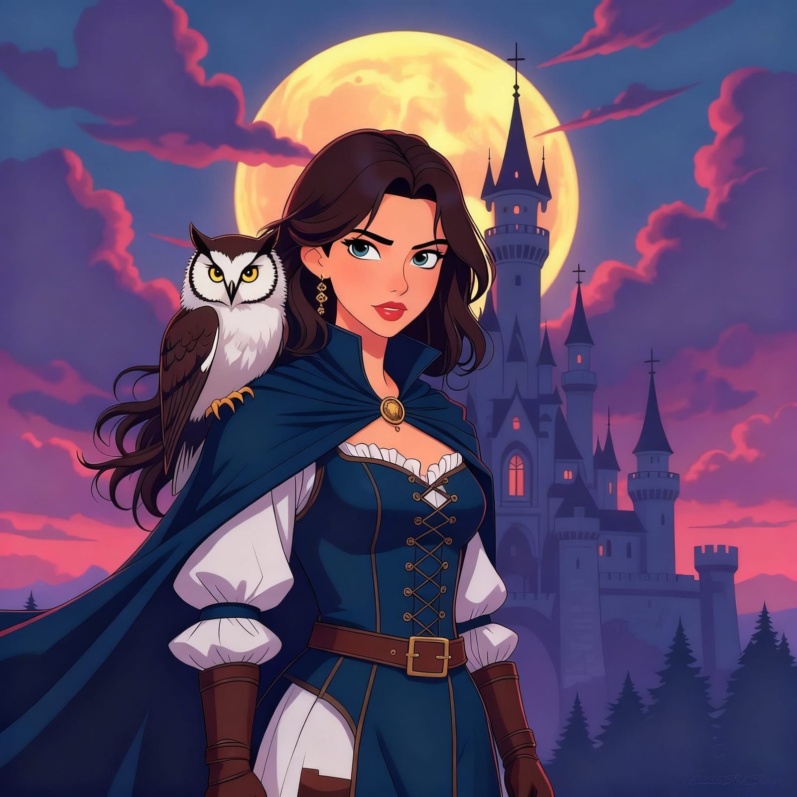 Young Maria Renard with Owl Before Castle, Retro Cinematic