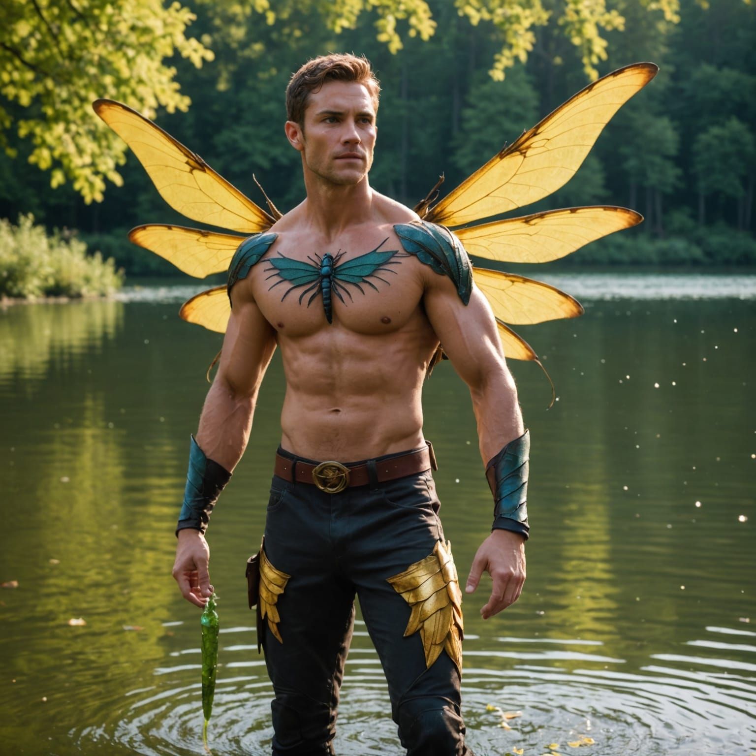Muscular Peter Parker with Dragonfly Wings Flies Over Lake