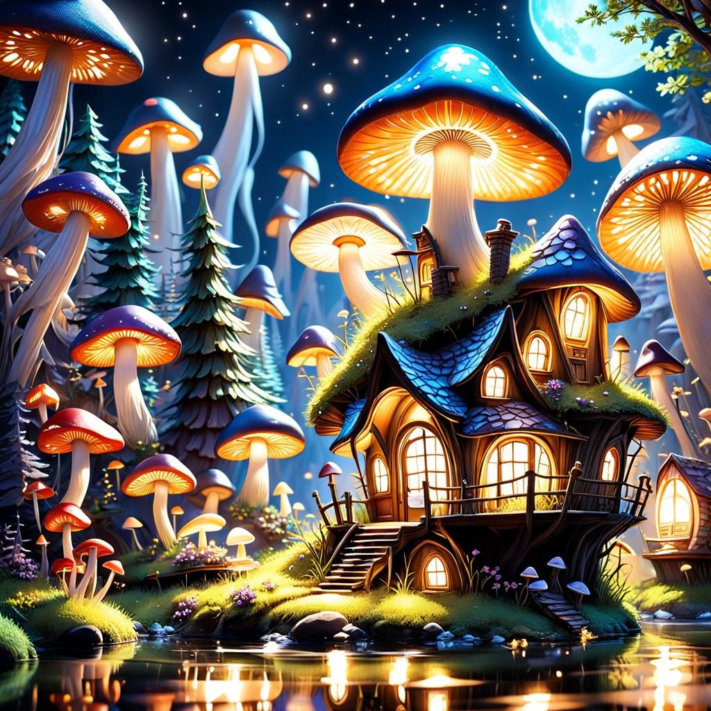 Mushroom House Fairy Village at Night, Dreamcore Maximalism
