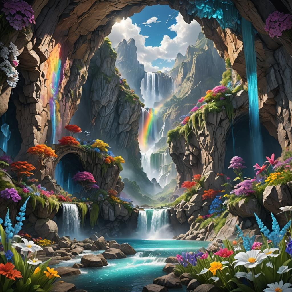 Rainbow Fairy Waterfall: Detailed Matte Painting