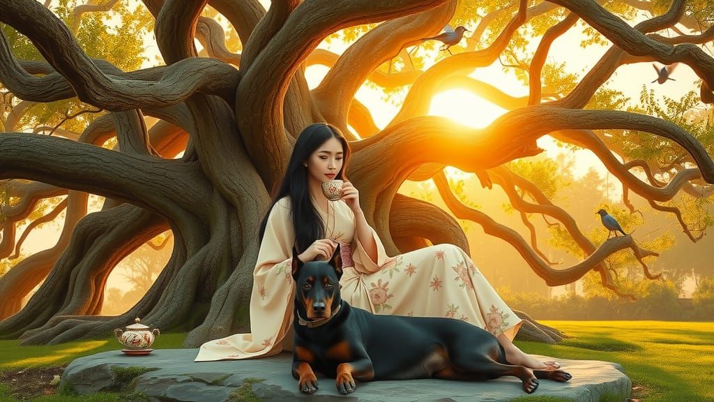 Serene Asian Woman in Ancient Oak Canopy