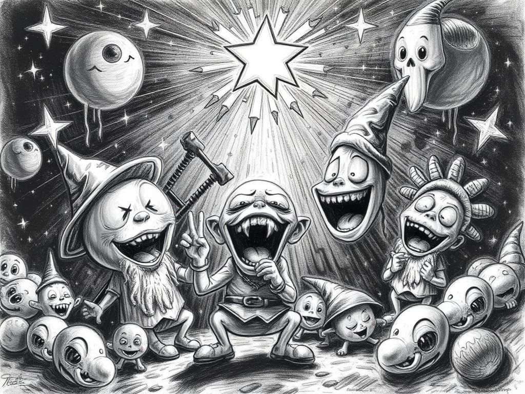 Hyperdetailed Charcoal Drawing of Whimsical Scallywags