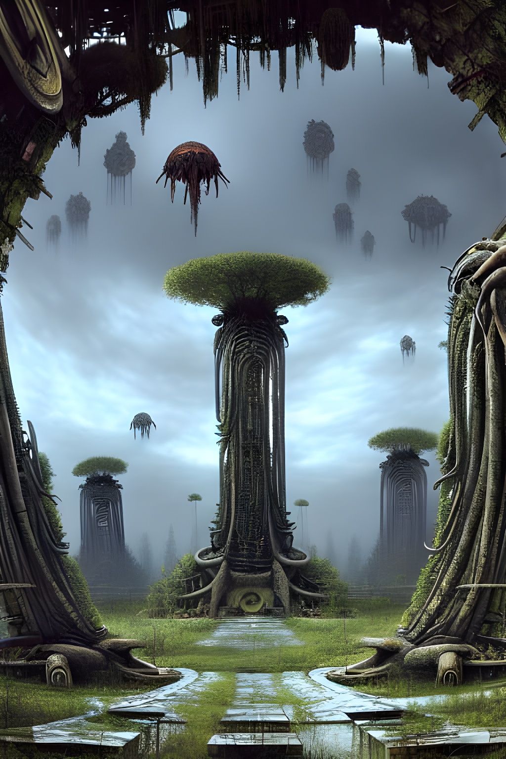 Overgrown Alien Temple: Surreal Biomechanical Horror