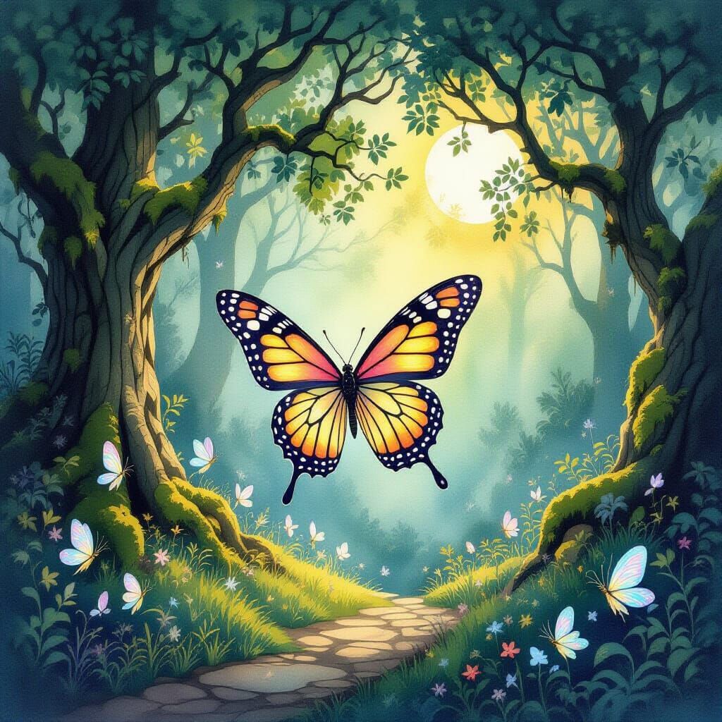 Ethereal Butterfly in Enchanted Forest Watercolor