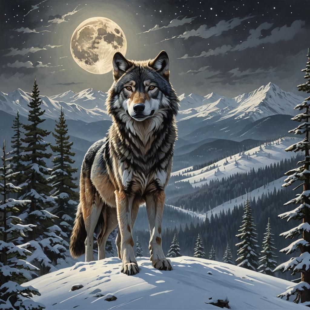 Gray Wolf Howling at Moonlit Forest