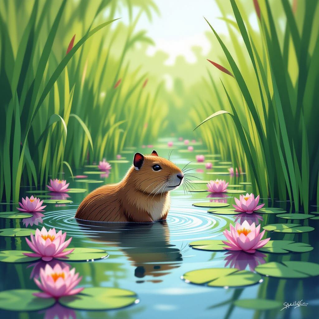 Capybara in Wetland Digital Painting