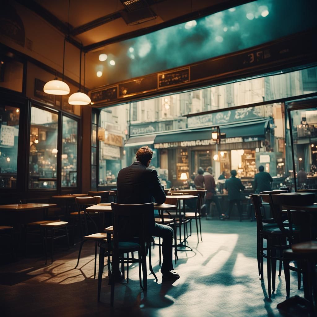 Cafe Underside View with Thinking Man: Cinematic Film Still