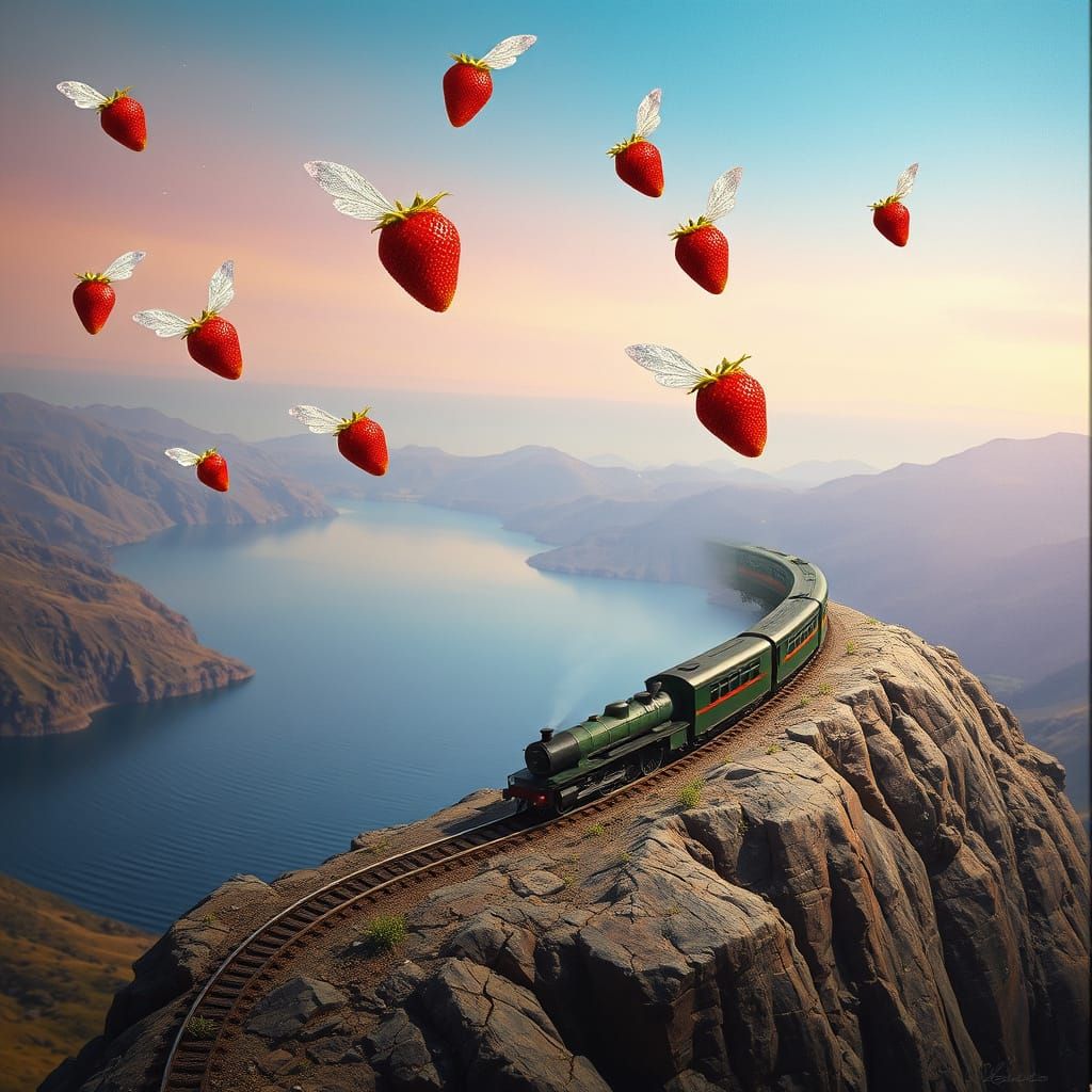 Surrealist Train Chugs Along Mountain Peak with Flying Straw...