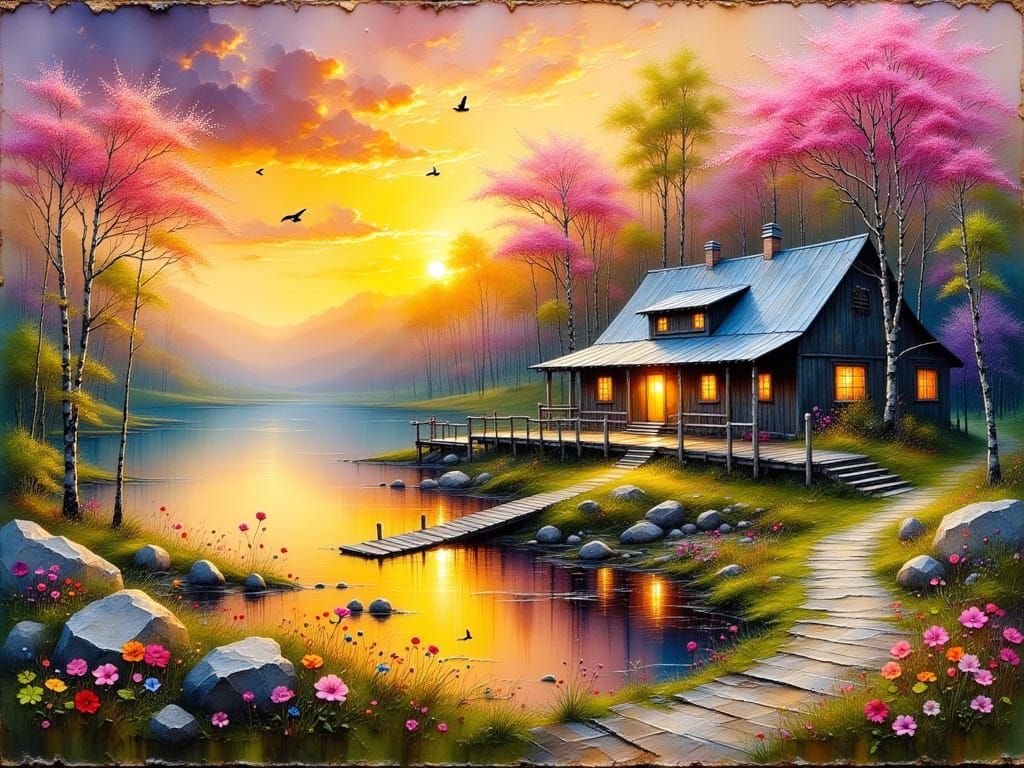 Rustic Cabin at Sunset in Impasto Style