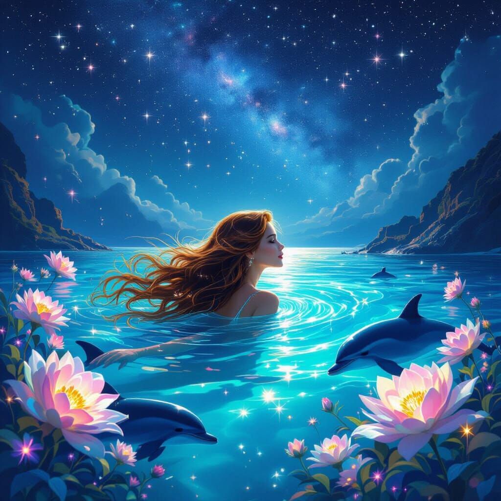 Woman Swimming with Dolphins Under Starry Sky