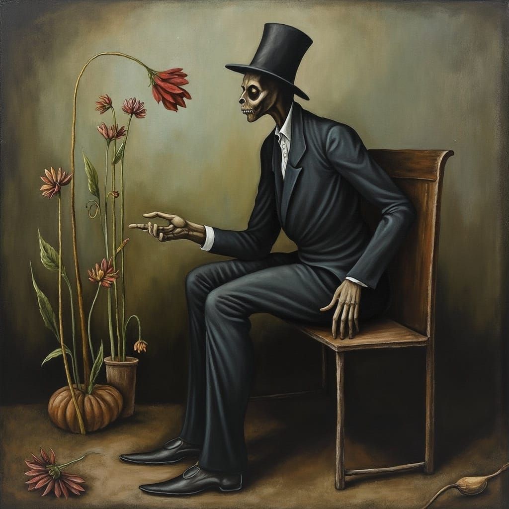 Death in Victorian Suit on Wooden Bench