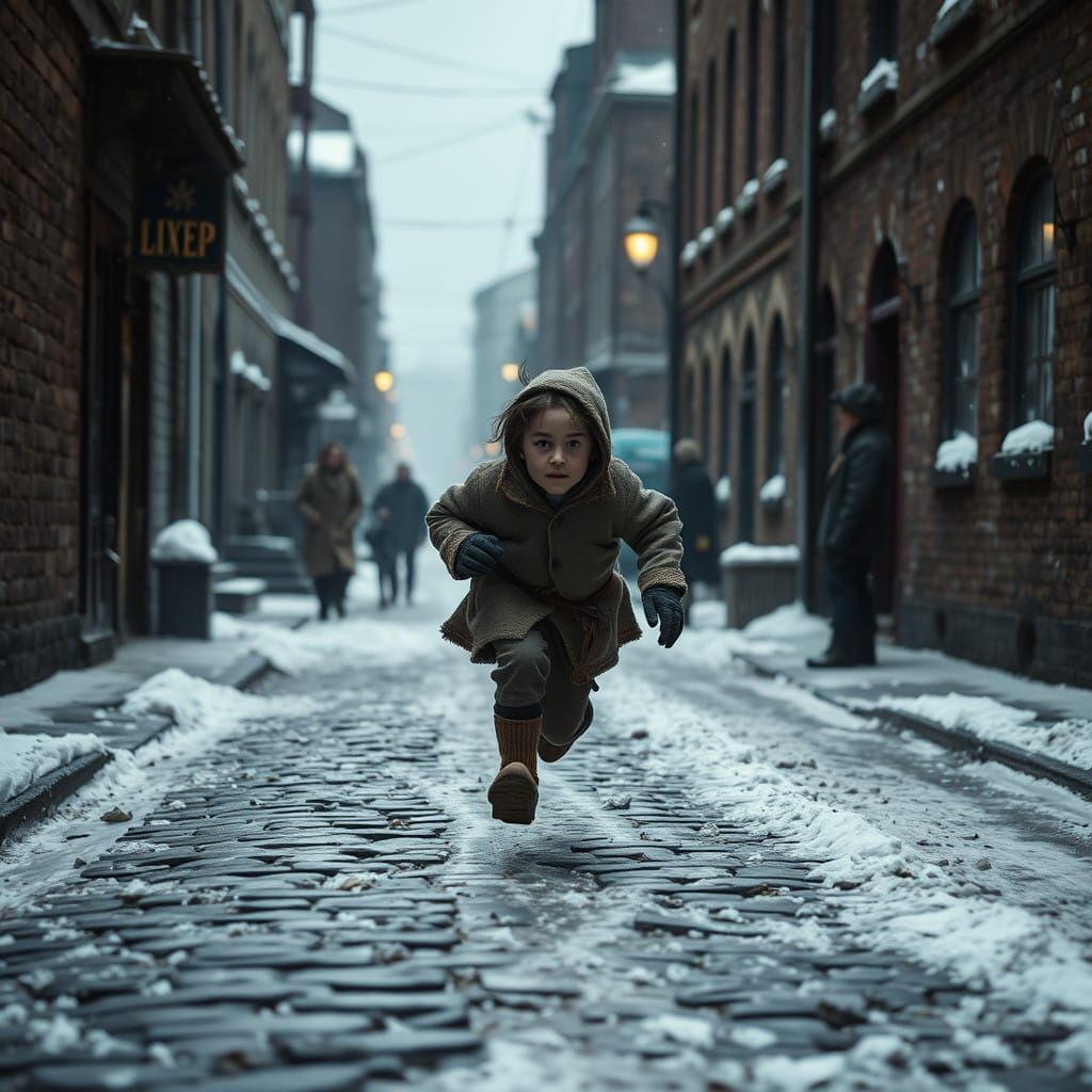 Gritty 19th Century Child Runs Through Industrial Winter Str...