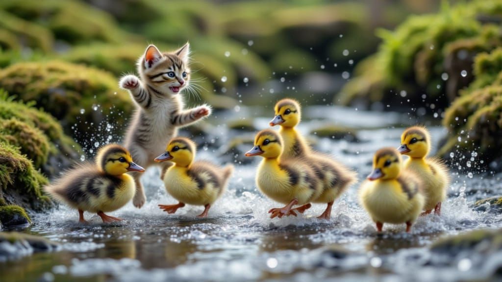 Adorable Kitten Chases Ducklings by Mossy Stream