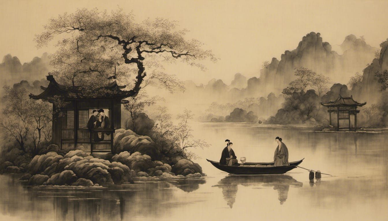 Ink Wash Painting of Friends Saying Goodbye