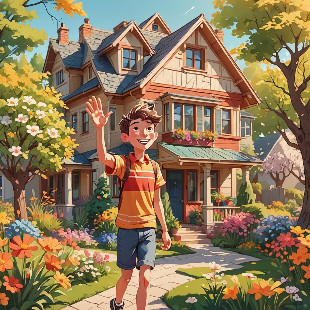 Cartoon Boy Waving in Front of His House